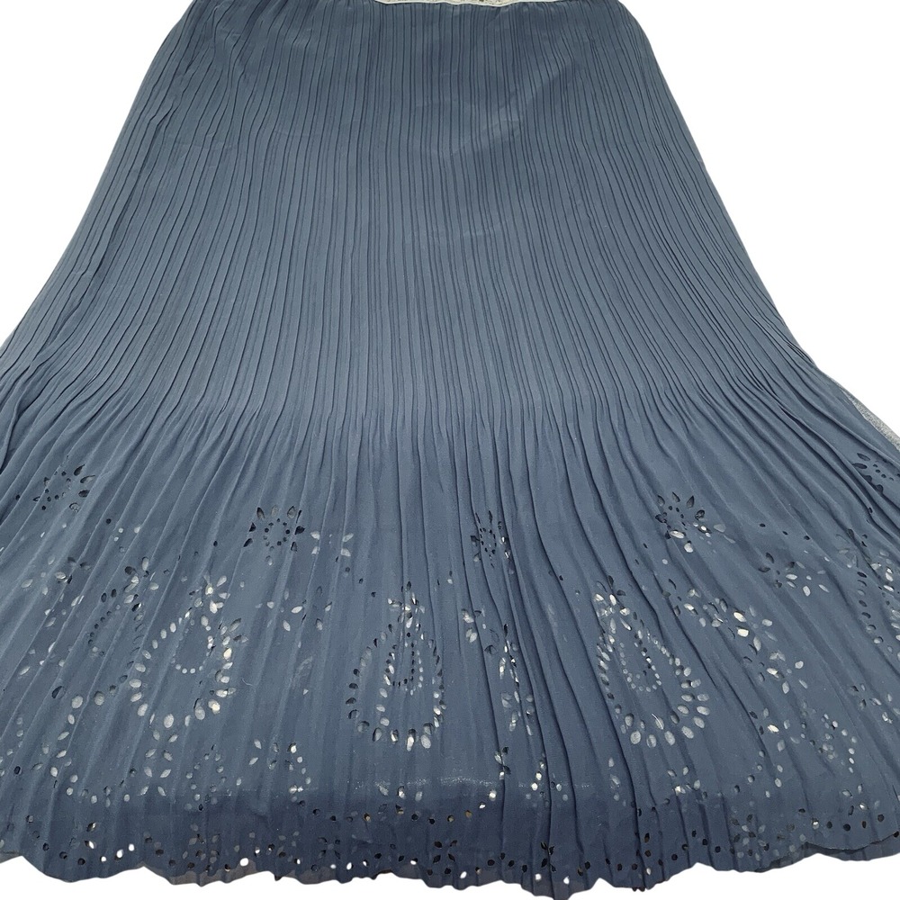 Pleated Maxi  Skirt Elastic‎ Waist XL Embroidery Sheer Lined Cut Out Scallop Hem